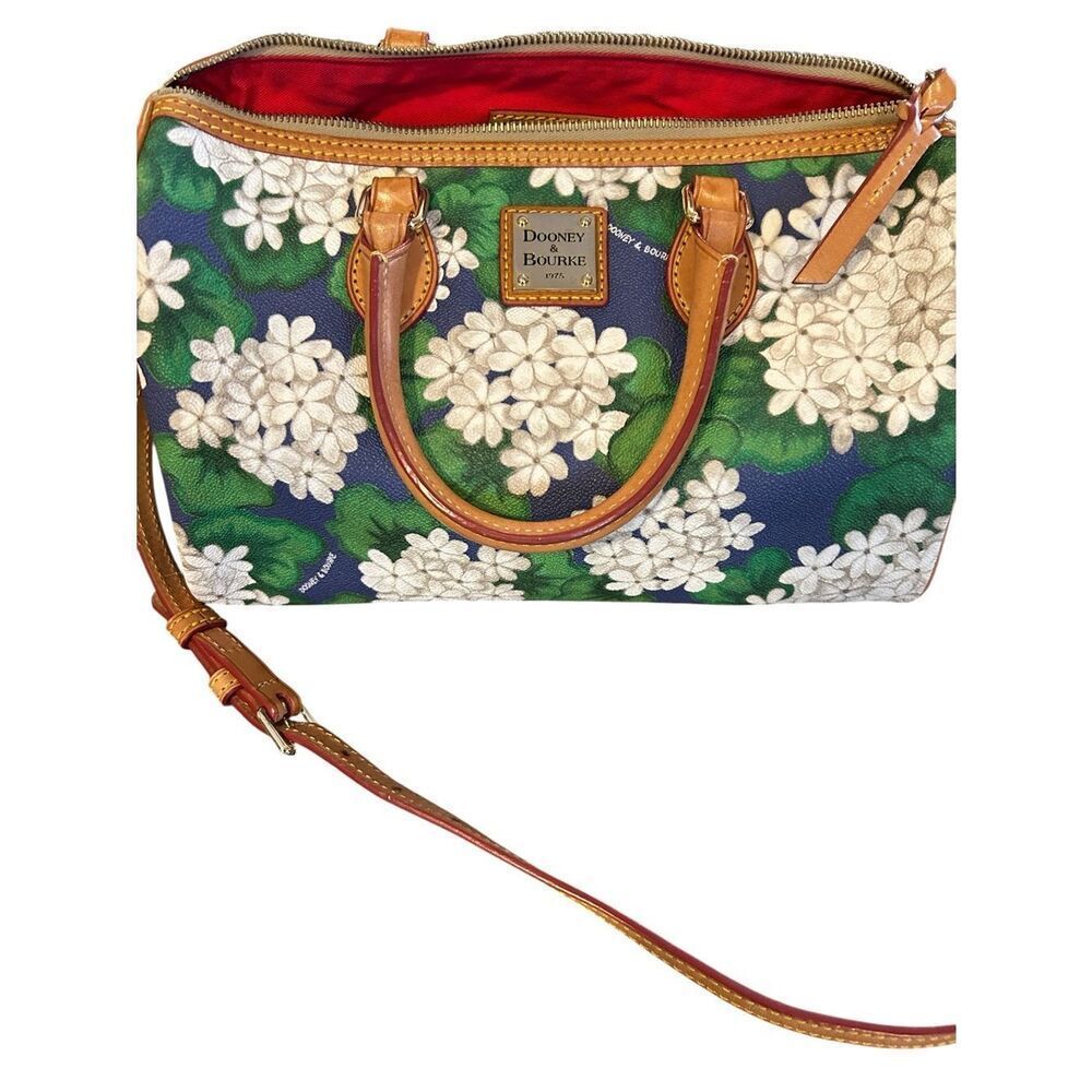 Dooney & Bourke Hydrangea Floral Pebble Grain Leather Satchel with Tan Trim